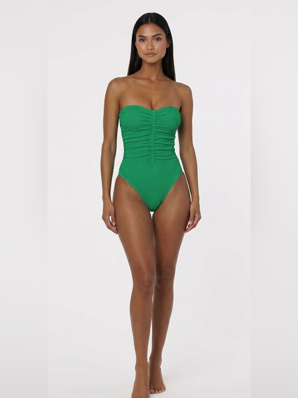 Milly Textured Ruched Bandeau One Piece Swimsuit Green NWT Size L $275